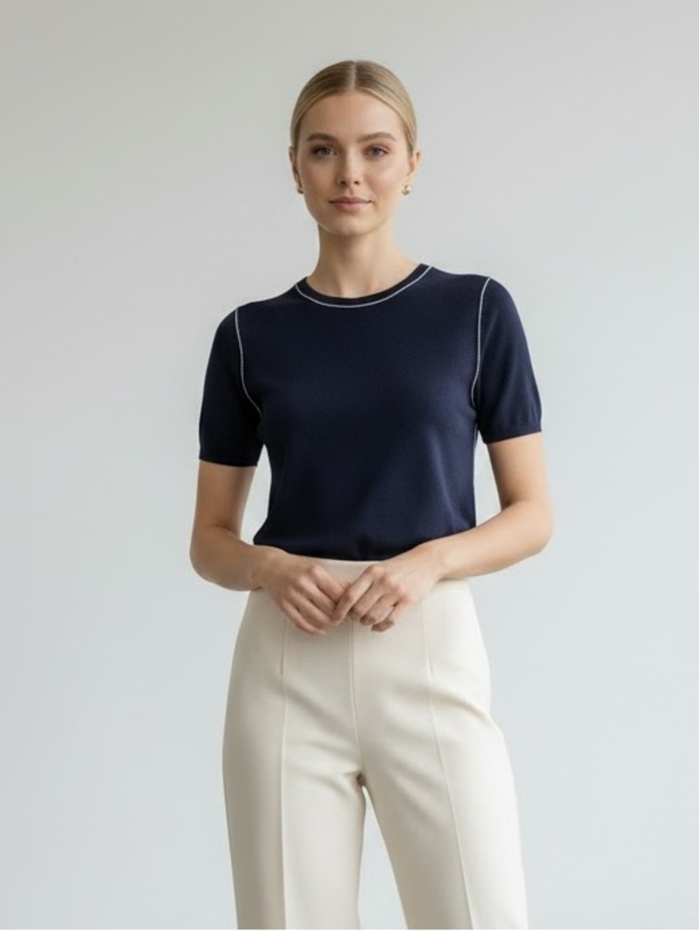 Active USA Navy Short-Sleeve Knit Top with Contrast Stitching